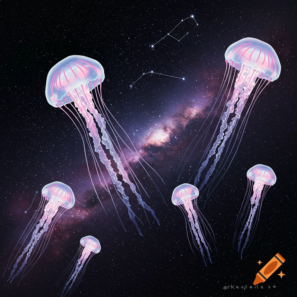 Vibrant pink and blue jellyfish float through dark cosmic space with distant galaxies and star constellations.