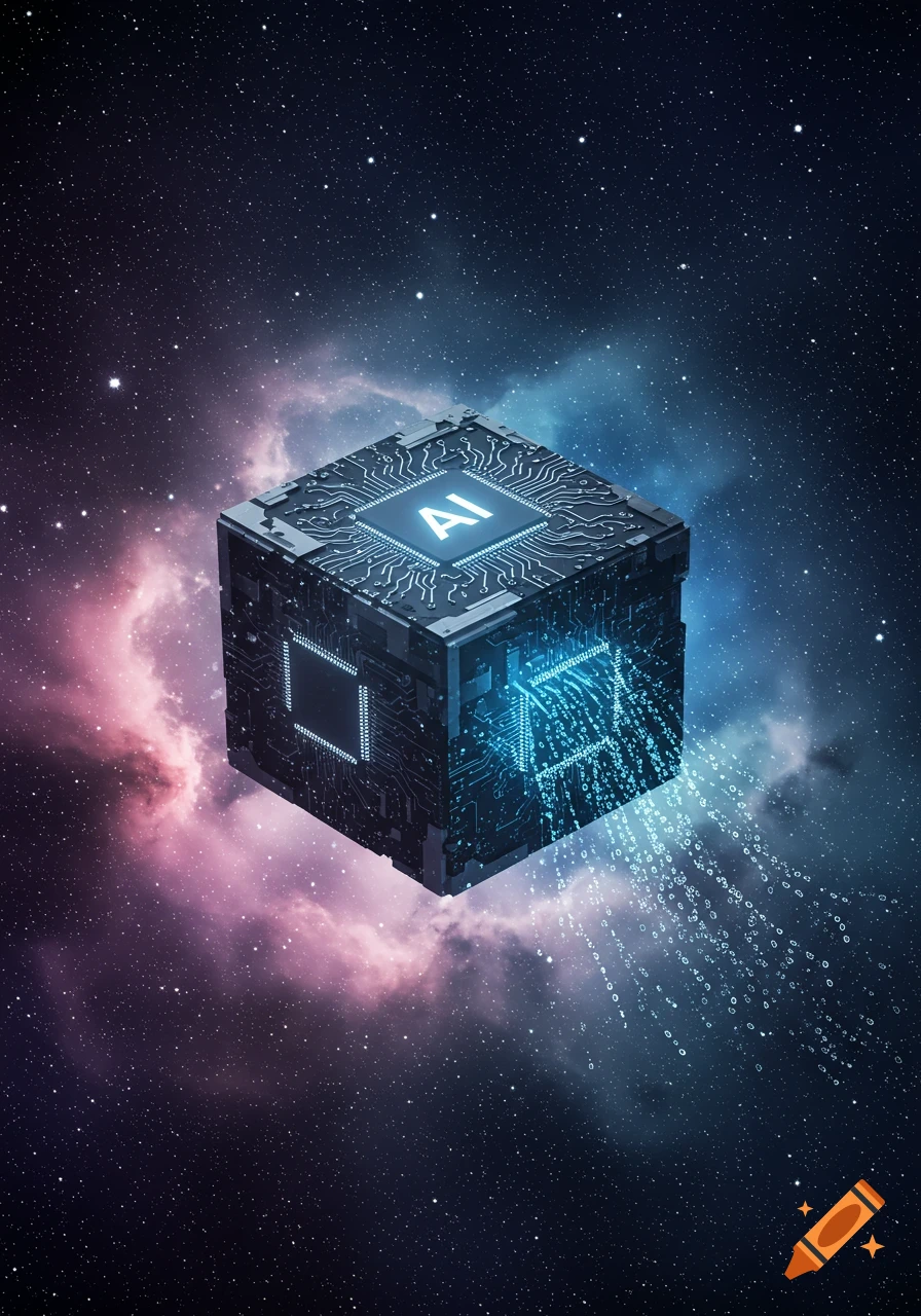 A futuristic dark cube with glowing AI text and circuits, emitting data streams into a vibrant space nebula.