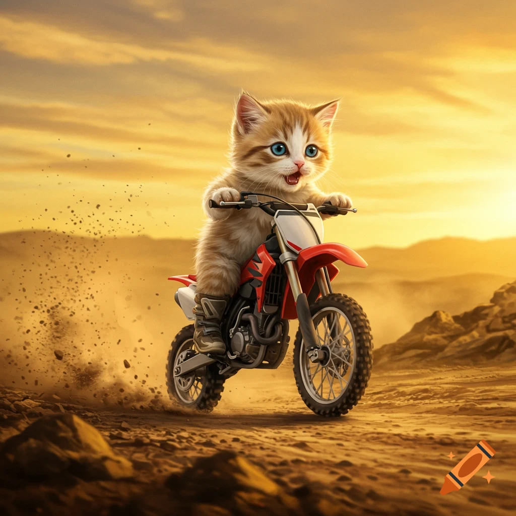 A fluffy orange and white kitten with blue eyes rides a red motocross bike through a dusty desert at sunset, kicking up dirt.