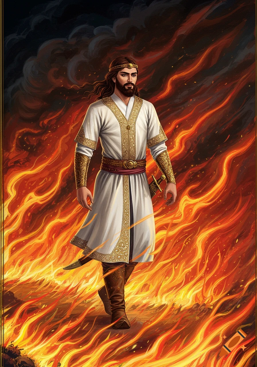 Detailed Persian miniature-style painting of Siyâvash, a legendary Iranian commander, walking confidently through blazing fire.