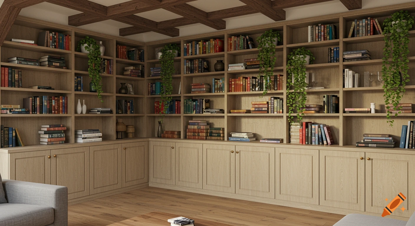 A photorealistic image of a living room wall filled with sand-colored wooden bookshelves packed with books and hanging plants, under a beamed ceiling.