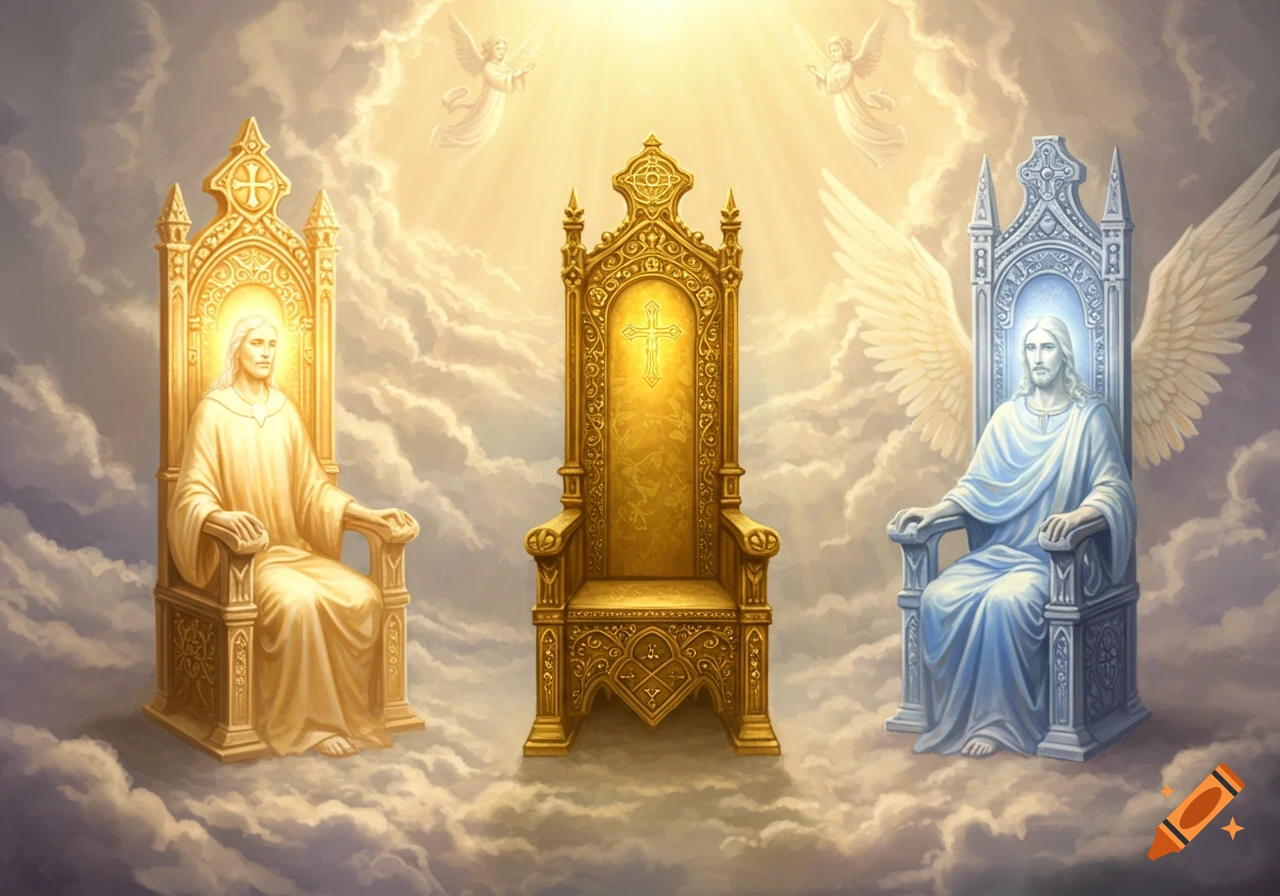 Three ornate thrones in a heavenly sky with two Jesus figures and an empty golden throne featuring a cross, surrounded by angels and clouds.