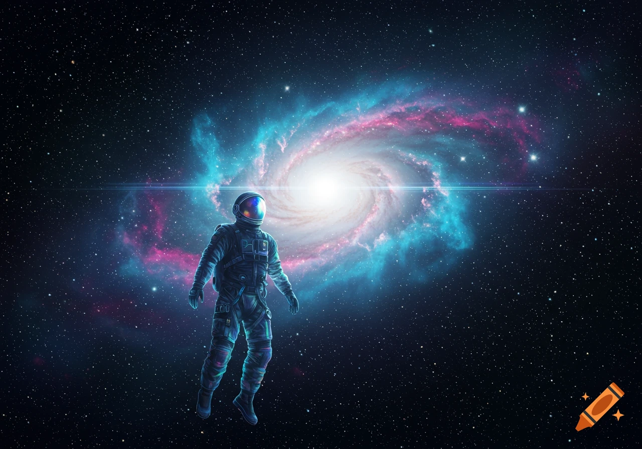 An astronaut floats in space before a bright, colorful spiral galaxy and countless stars. Digital art.