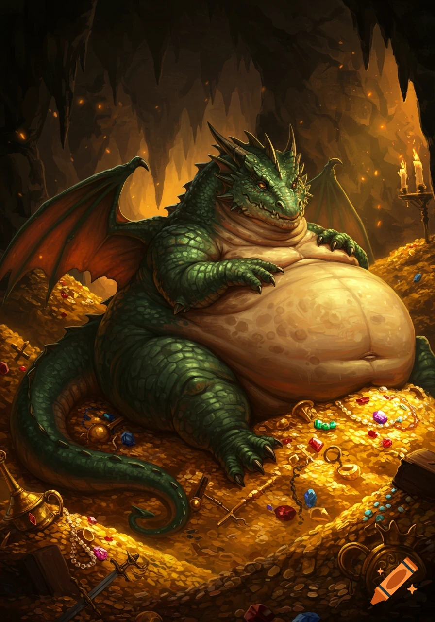A fat green dragon sits smugly on a massive pile of gold and jewels in a dimly lit cave, a fantasy illustration.