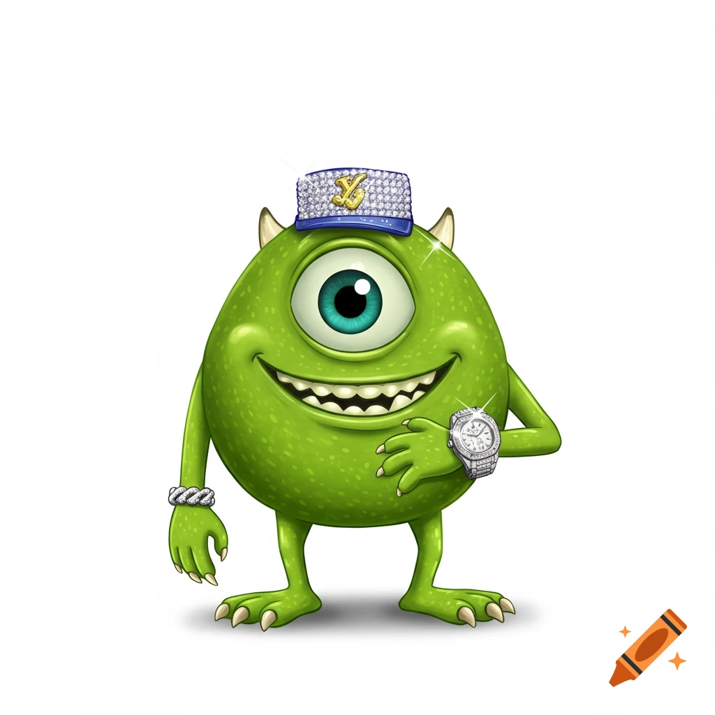 Smiling green one-eyed monster, like Mike Wazowski, wearing a diamond-studded hat, watch, and bracelet. Digital art.