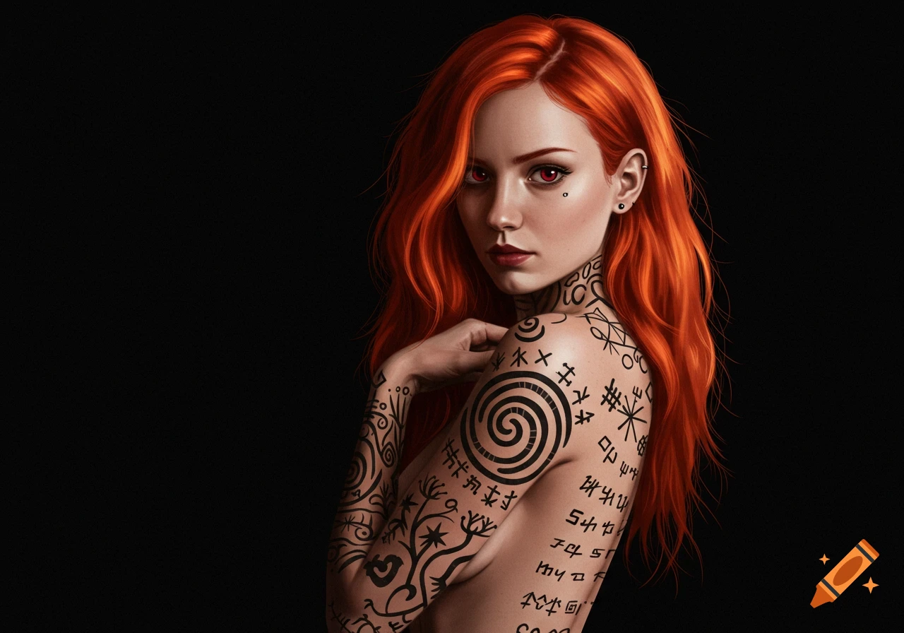 A red-haired woman with intricate black tattoos on her arms, shoulder, and back, gazes forward against a dark background.