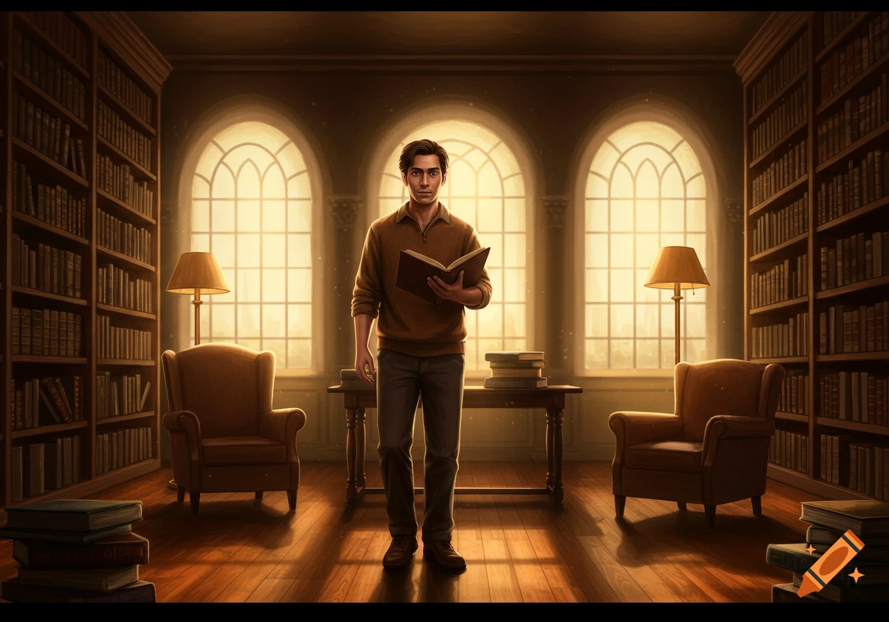 A man in a brown sweater stands in a grand library, holding an open book, illuminated by arched windows.