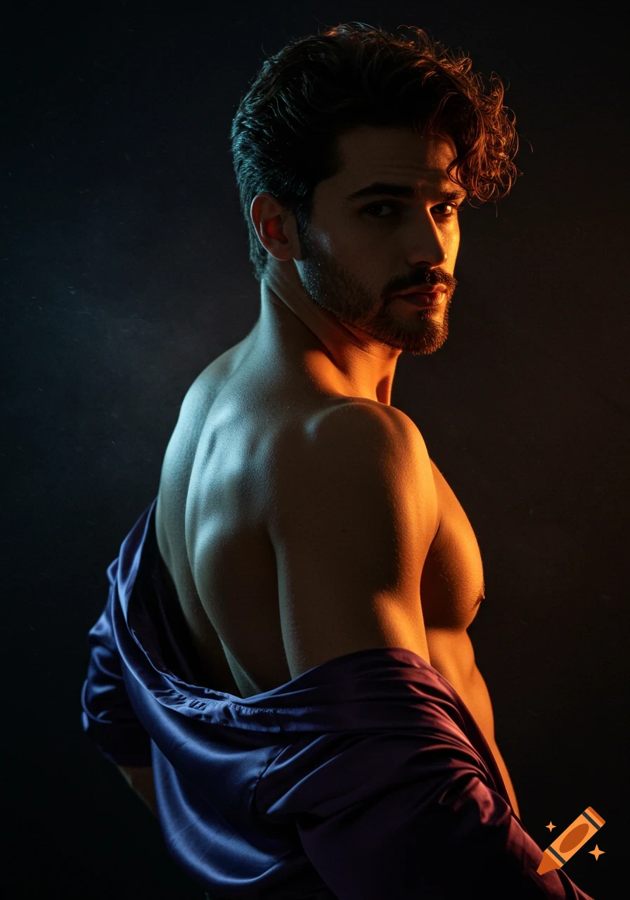 Glamorous portrait of a muscular man with dark hair and beard, wearing an unbuttoned purple satin shirt, gazing over his shoulder in dramatic lighting.