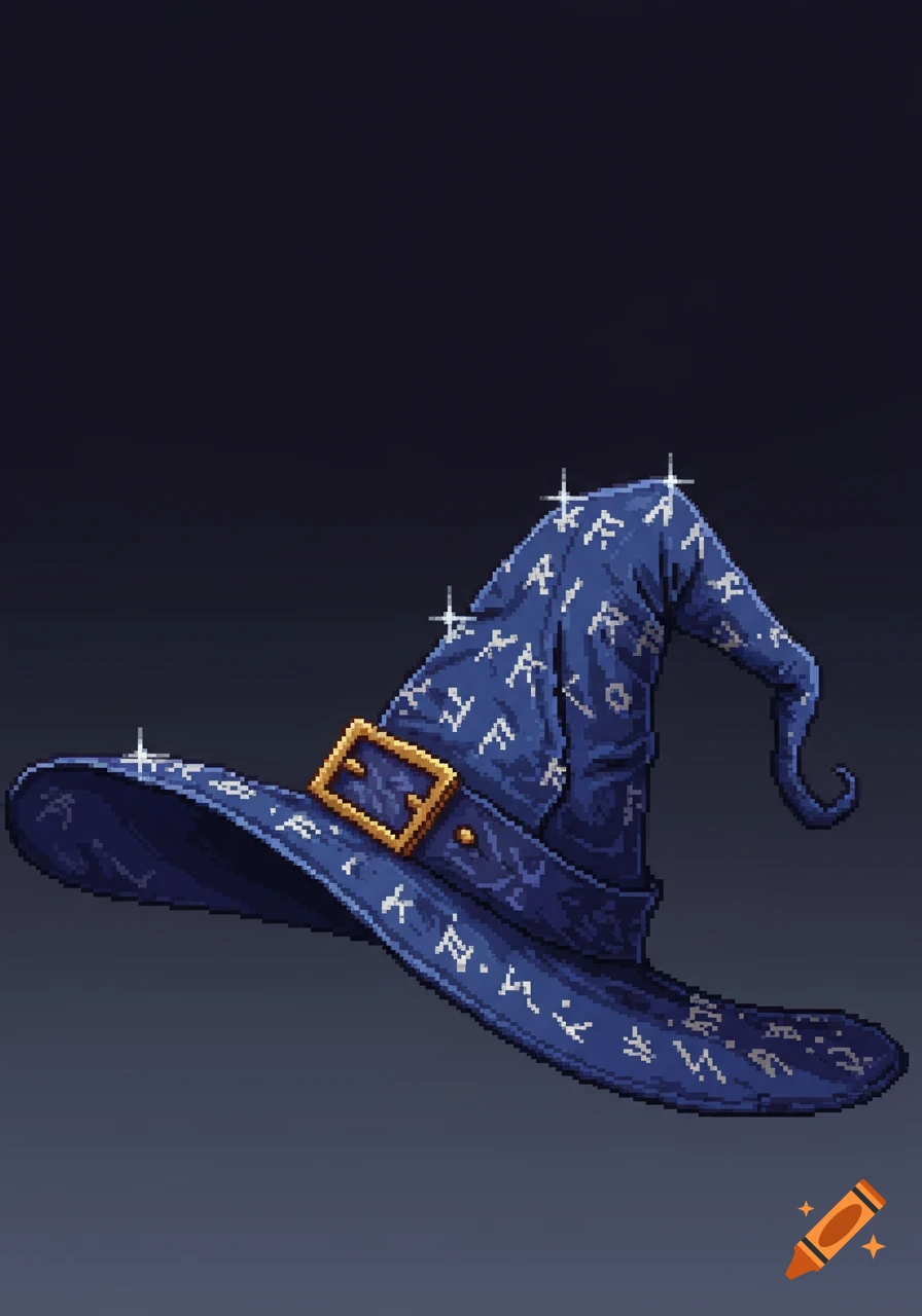 Pixel art blue wizard hat with a golden buckle and sparkling runes on a dark background.