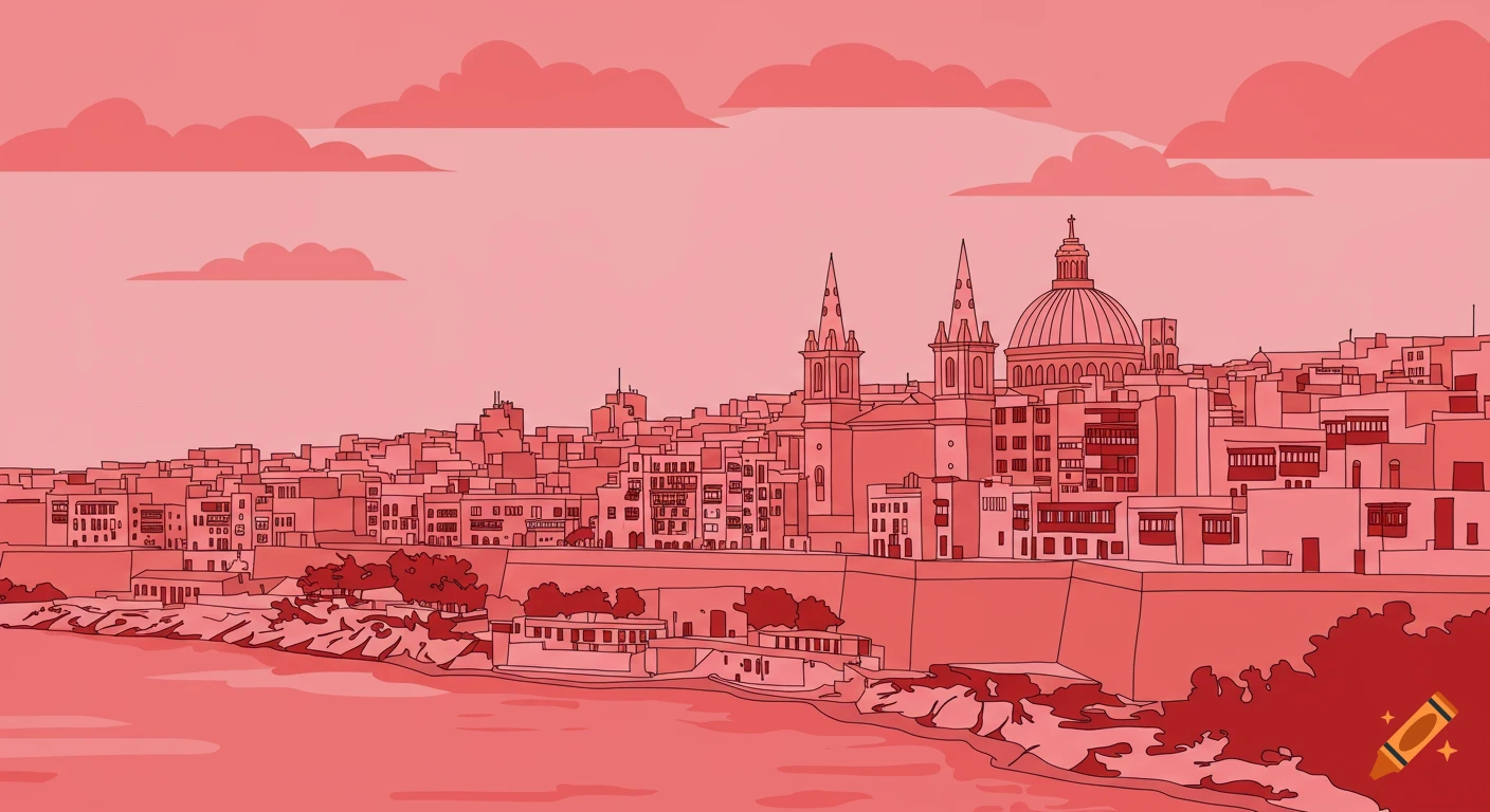 Cartoon illustration of Valetta cityscape along the water, with buildings and church domes, rendered in two shades of red.