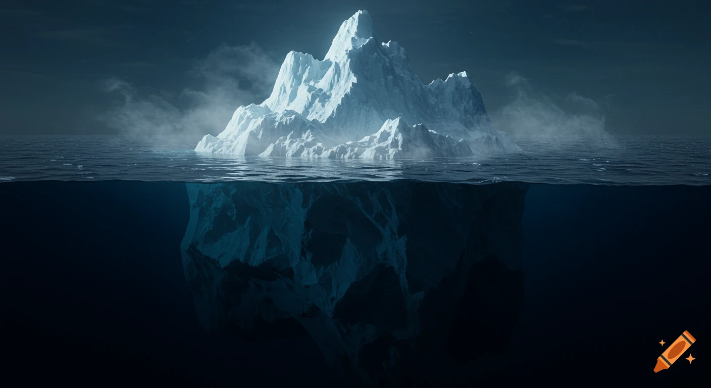 A large iceberg with its massive submerged base visible in dark ocean water under a cloudy sky.