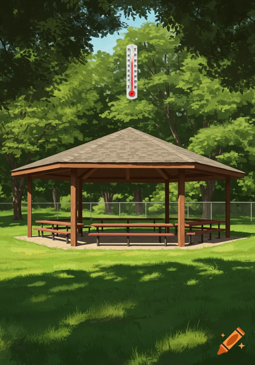 An illustration of a park pavilion with picnic tables and a thermometer displaying 100 degrees, surrounded by lush green trees and grass.