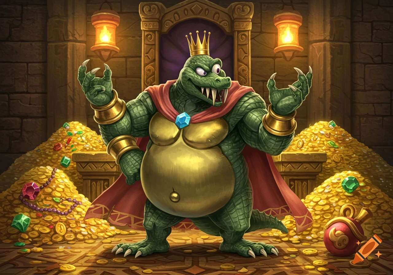 King K. Rool, a green alligator villain in a crown and cape, stands in a treasure room.