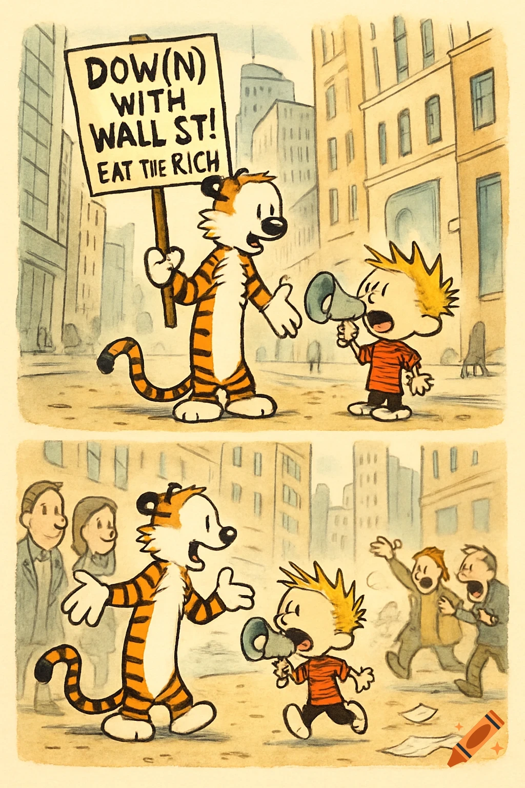 Calvin and Hobbes cartoon. Hobbes holds a 'DOW(N) WITH WALL ST! EAT THE RICH' sign while Calvin shouts through a megaphone on a city street.