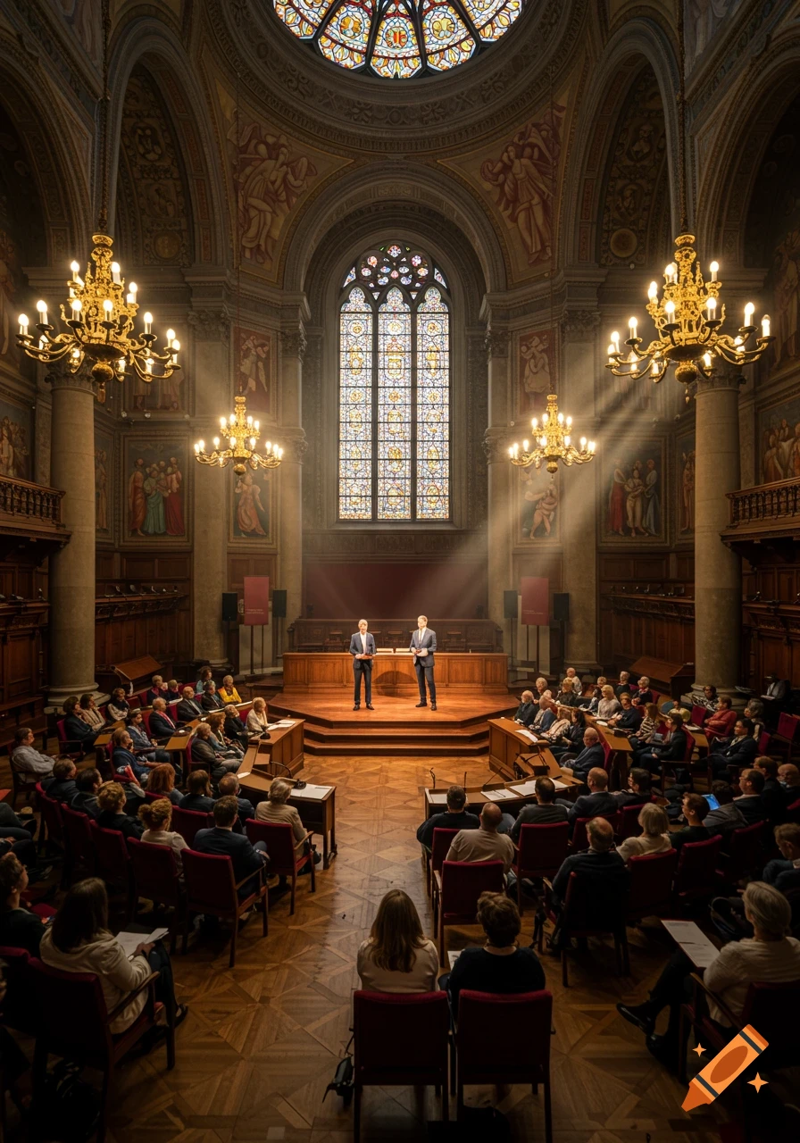 Two men on a stage address a seated audience in an ornate, grand hall with stained glass windows and chandeliers, illuminated by sunbeams.