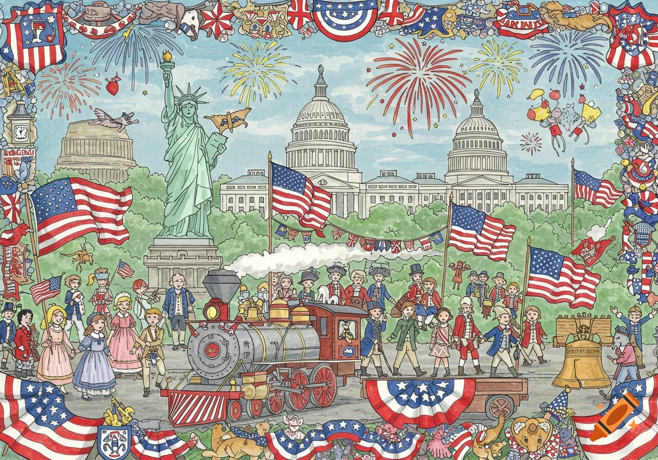 A whimsical, patriotic children's coloring book style illustration celebrating the USA, featuring the Statue of Liberty, Capitol Building, fireworks, a train, historical figures, and the Liberty Bell, all framed by red, white, and blue decorations.