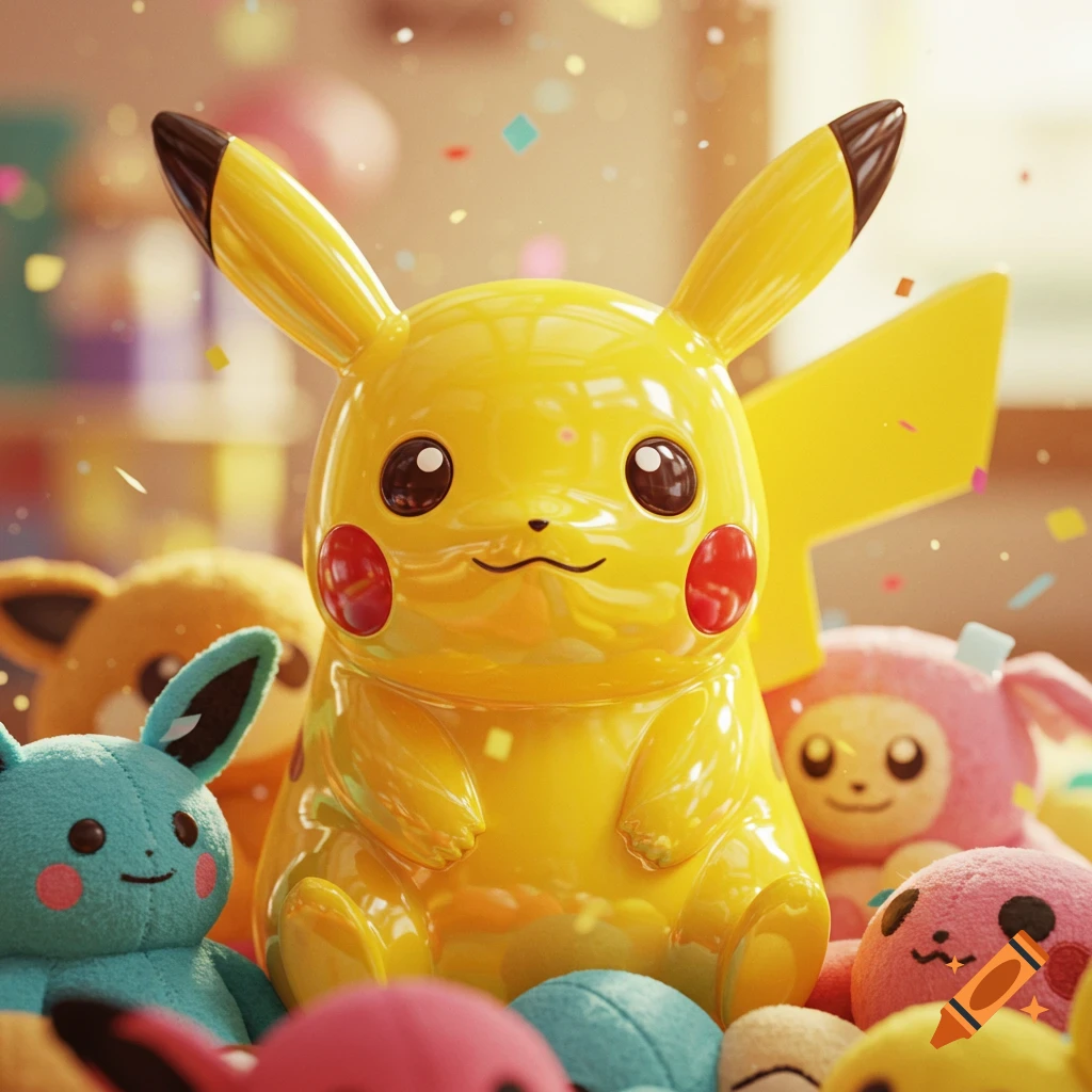 Shiny yellow Pikachu squeaky toy surrounded by colorful plush Pok amon toys and confetti.