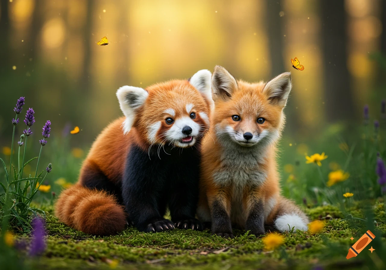 A cute red panda and a fox cub sit together in a sunlit forest with purple and yellow flowers and butterflies.