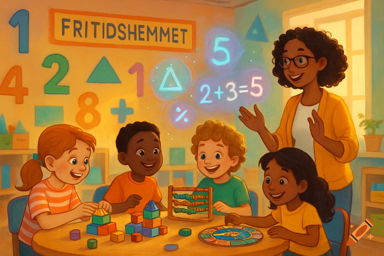 An illustration of a teacher and four diverse children happily learning math in a colorful classroom setting.