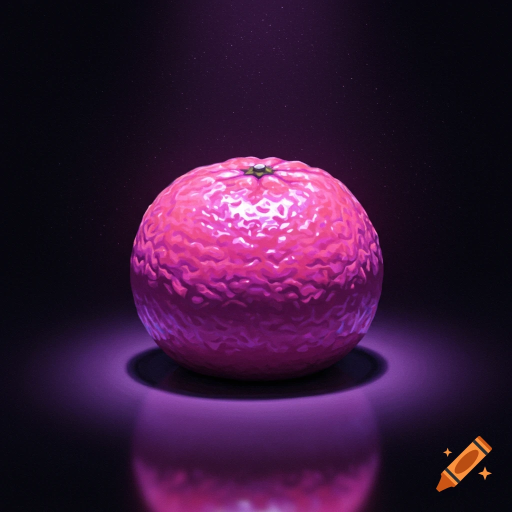 A vibrant pink and purple textured orange or tangerine sits on a reflective dark surface with a purple spotlight.
