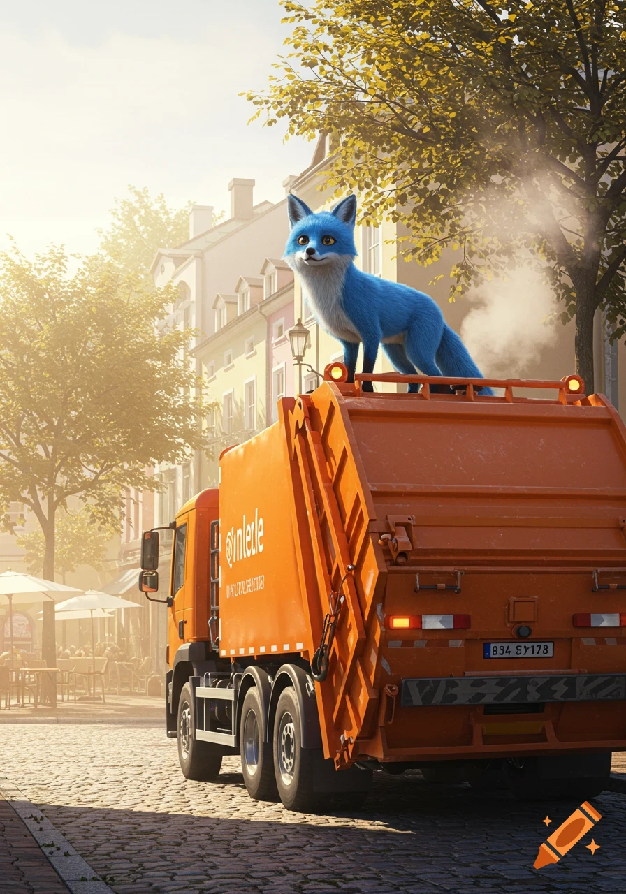 A blue fox stands on the back of an orange garbage truck on a cobblestone street in a city, with buildings and trees in the background.