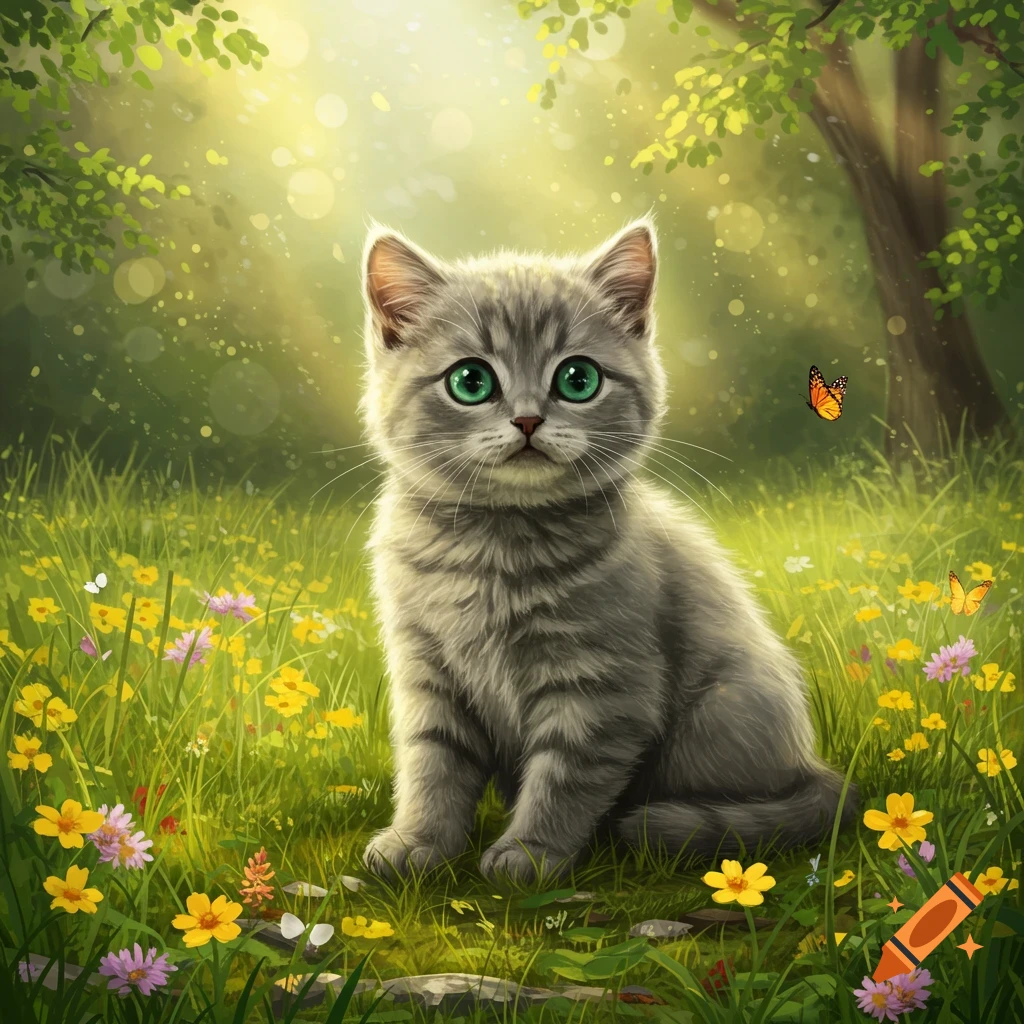 A cute gray kitten with big green eyes sits in a sunny meadow full of colorful wildflowers. Digital painting.