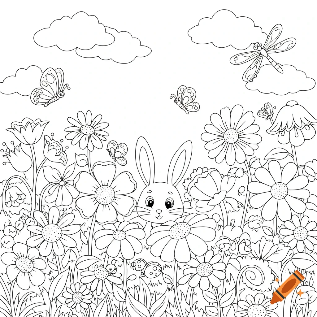 Black and white line art illustration of a rabbit peeking from a flower field with butterflies, ladybugs, and a dragonfly.
