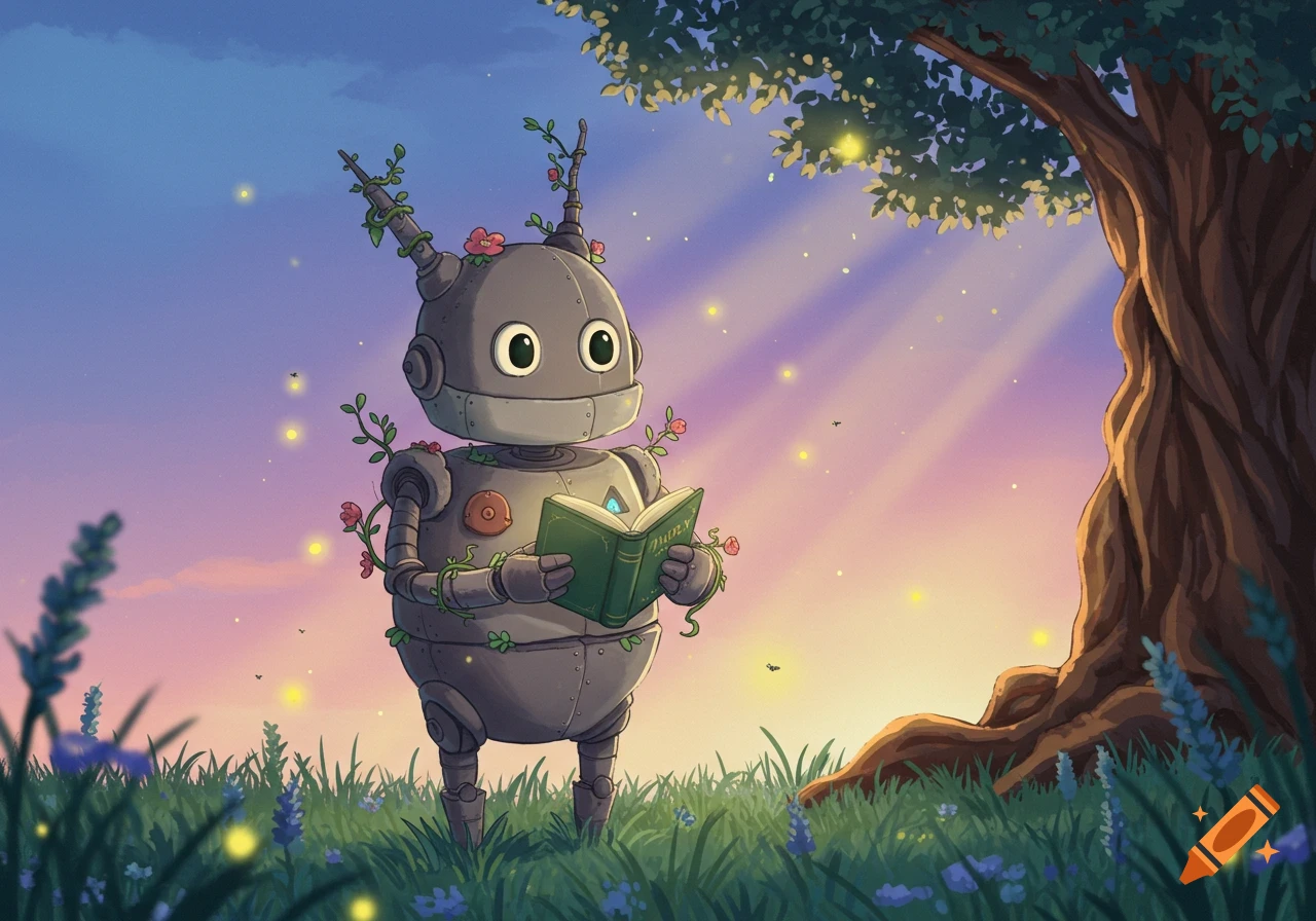 A cute Ghibli-style robot covered in vines and flowers reads a glowing book in a sunset field with fireflies.