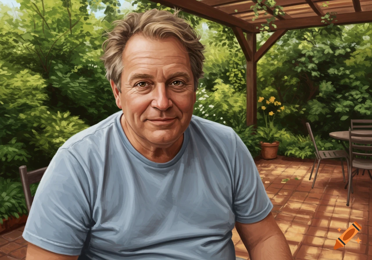 Painterly portrait of a smiling middle-aged man with light brown hair, wearing a blue t-shirt, sitting on a patio amidst lush greenery.