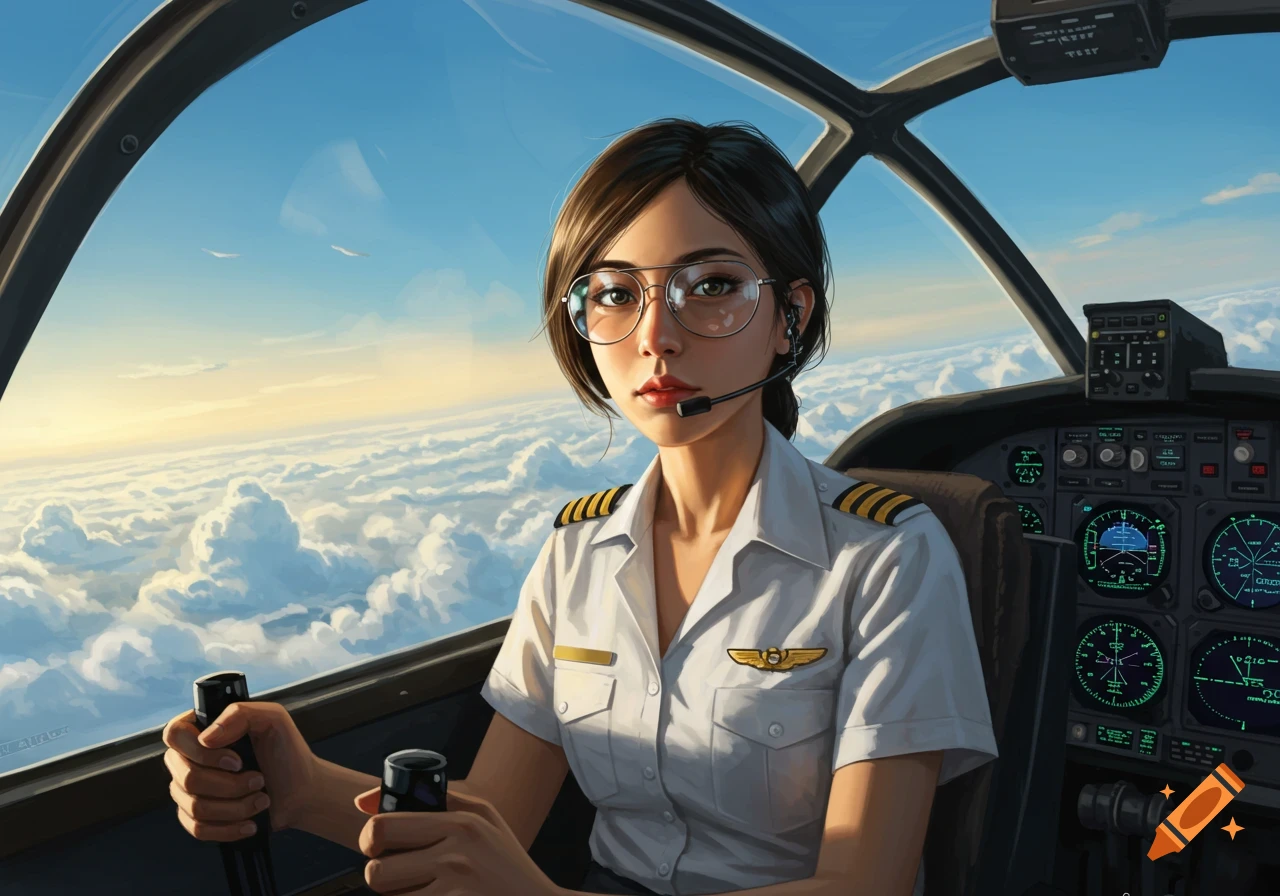 Digital illustration of a determined young Filipina pilot in a cockpit, flying above clouds.