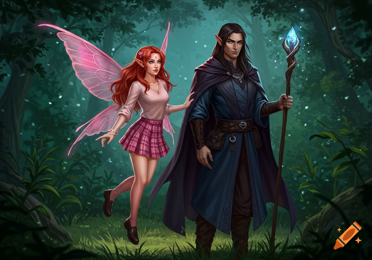An illustration of a red-haired fairy with pink wings and a dark-haired elf warlock with a glowing staff standing in a forest.