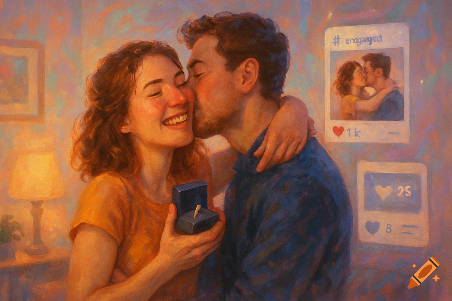 A painting of a man kissing a smiling woman holding an engagement ring box, with social media posts about their engagement in the background.