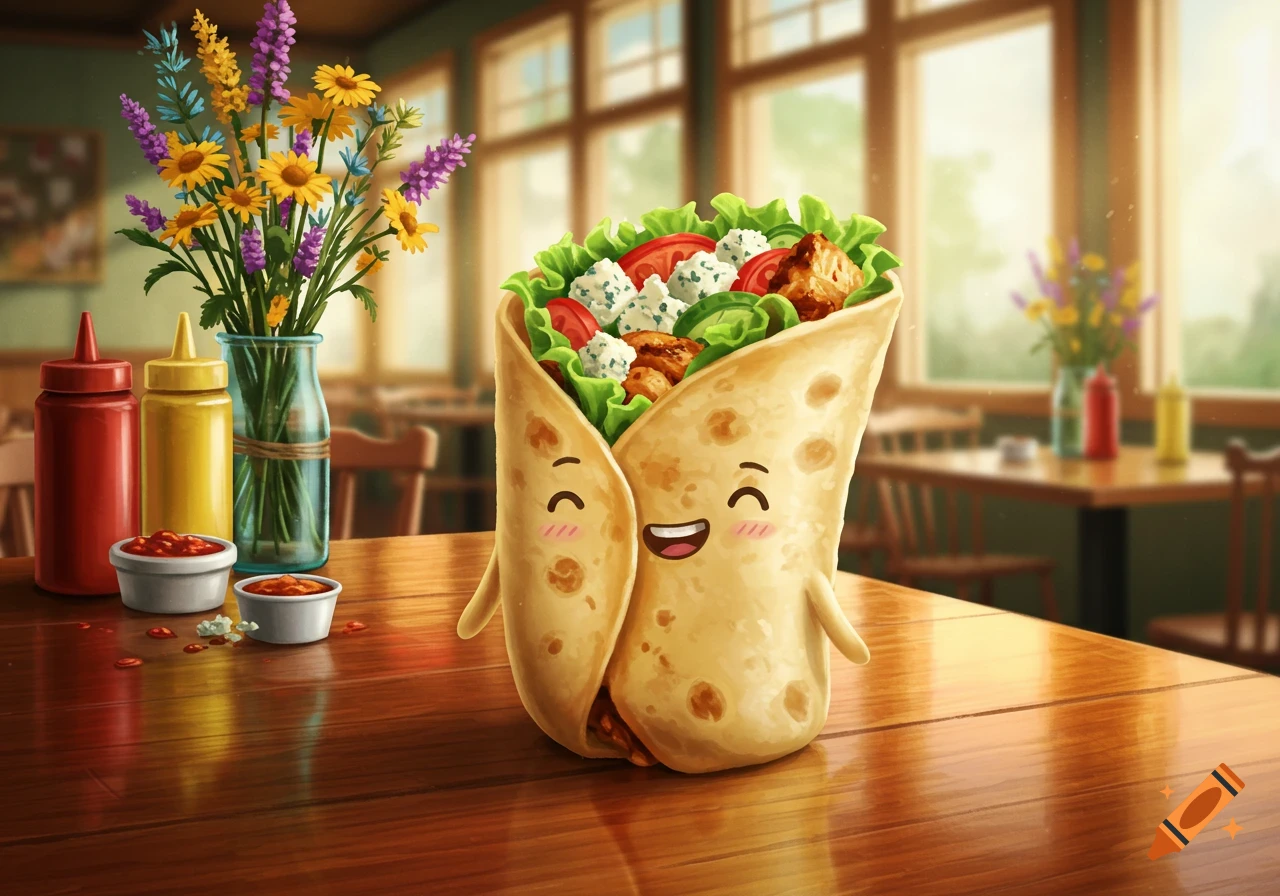 A cute, smiling cartoon burrito with a face sits on a wooden table in a brightly lit restaurant, with condiments and flowers nearby.