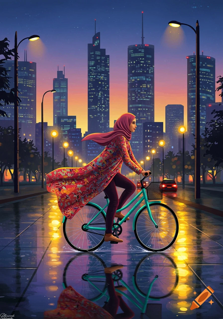 A stylized illustration of a woman in a pink hijab riding a turquoise bicycle on a wet city street at dusk, reflecting lights and buildings.