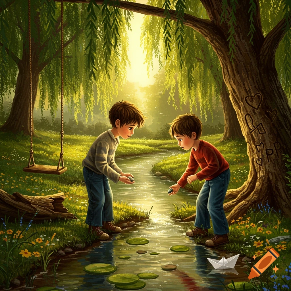 Two young boys play by a sunlit stream in a lush forest, one holding a pebble, with a swing, lily pads, and a paper boat.