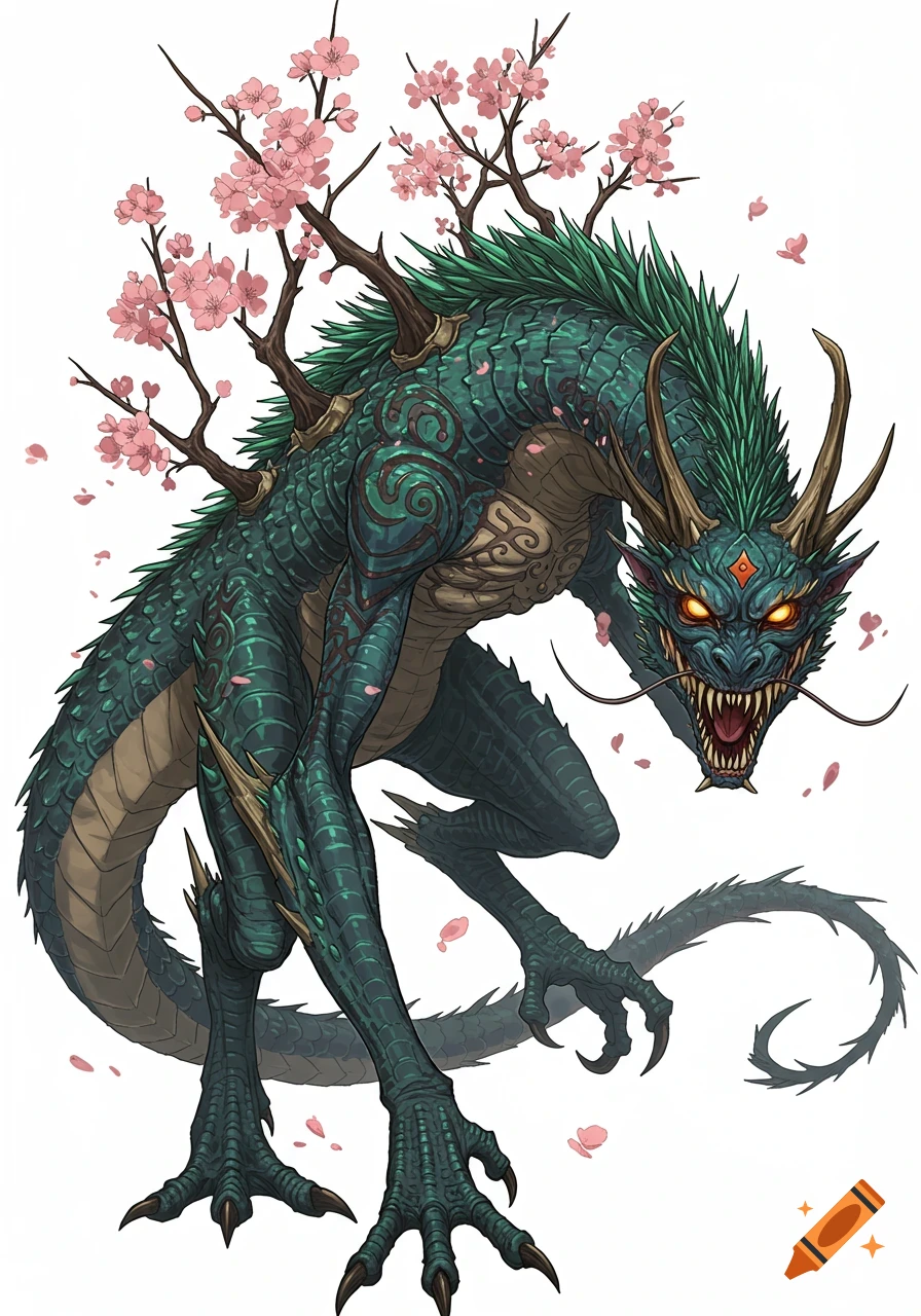 A fierce green dragon with ornate scales, golden horns, and glowing eyes, adorned with pink cherry blossoms, against a white background.