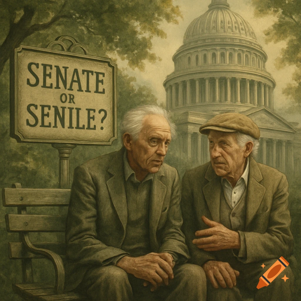 Two older men sit on a park bench in front of the US Capitol, next to a sign reading 'SENATE OR SENILE?' in a painterly style.