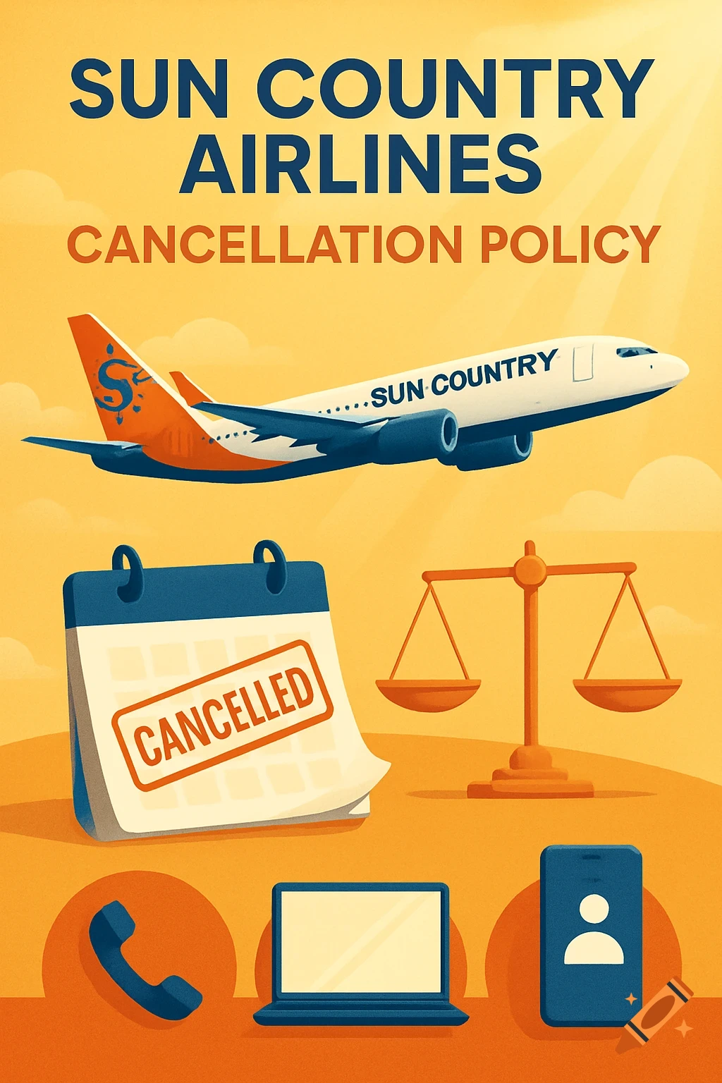 Flat illustration for Sun Country Airlines Cancellation Policy, featuring an airplane, a 'CANCELLED' calendar, scales of justice, and communication icons.