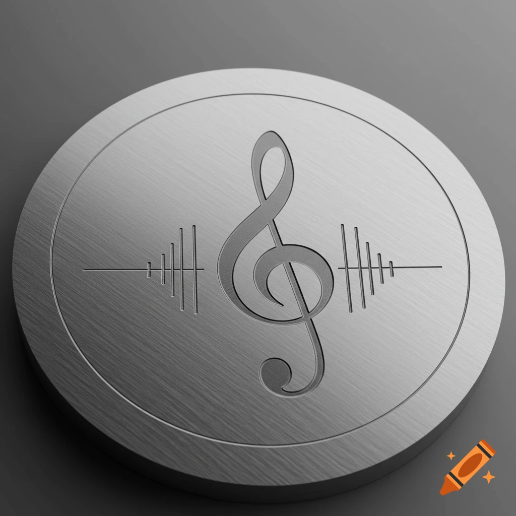 A minimalistic, round, brushed metallic medal with a debossed treble clef and sound wave patterns.