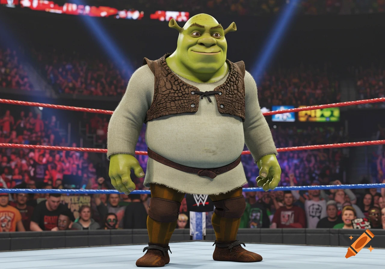 Shrek the ogre stands in a brightly lit WWE wrestling ring with a large crowd in the background.