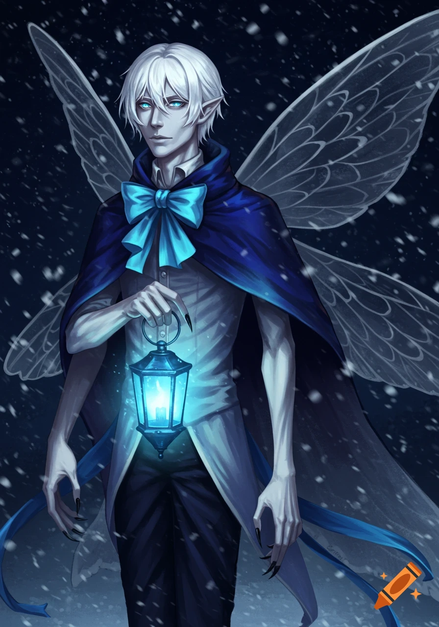 A pale, white-haired anime man with fairy wings holds a glowing blue lantern in a snowy night.