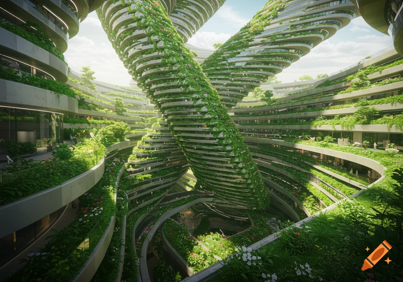 Photorealistic view of a massive, spiraling green building covered in lush plants and flowers, resembling a vertical garden.