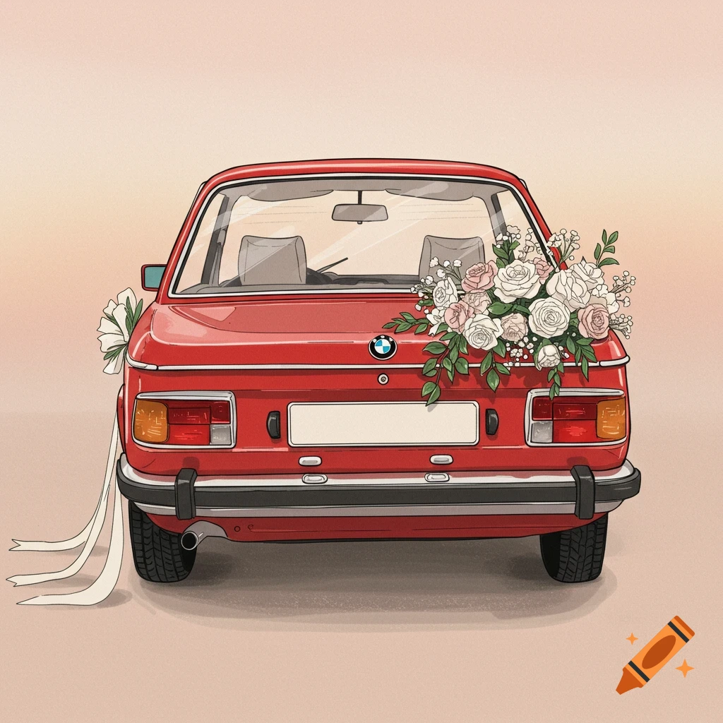 A beautifully drawn red vintage BMW car from the rear, decorated with white ribbons and a large bouquet of white and pink flowers on the trunk.