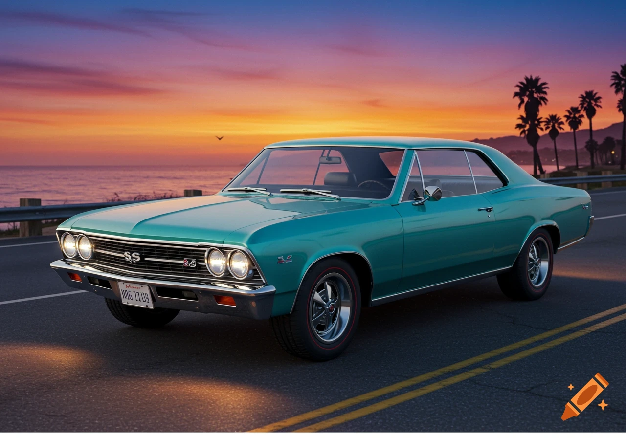 A turquoise Chevy SS classic car drives along a coastal road with palm trees, silhouetted against a vibrant orange and purple sunset over the ocean.