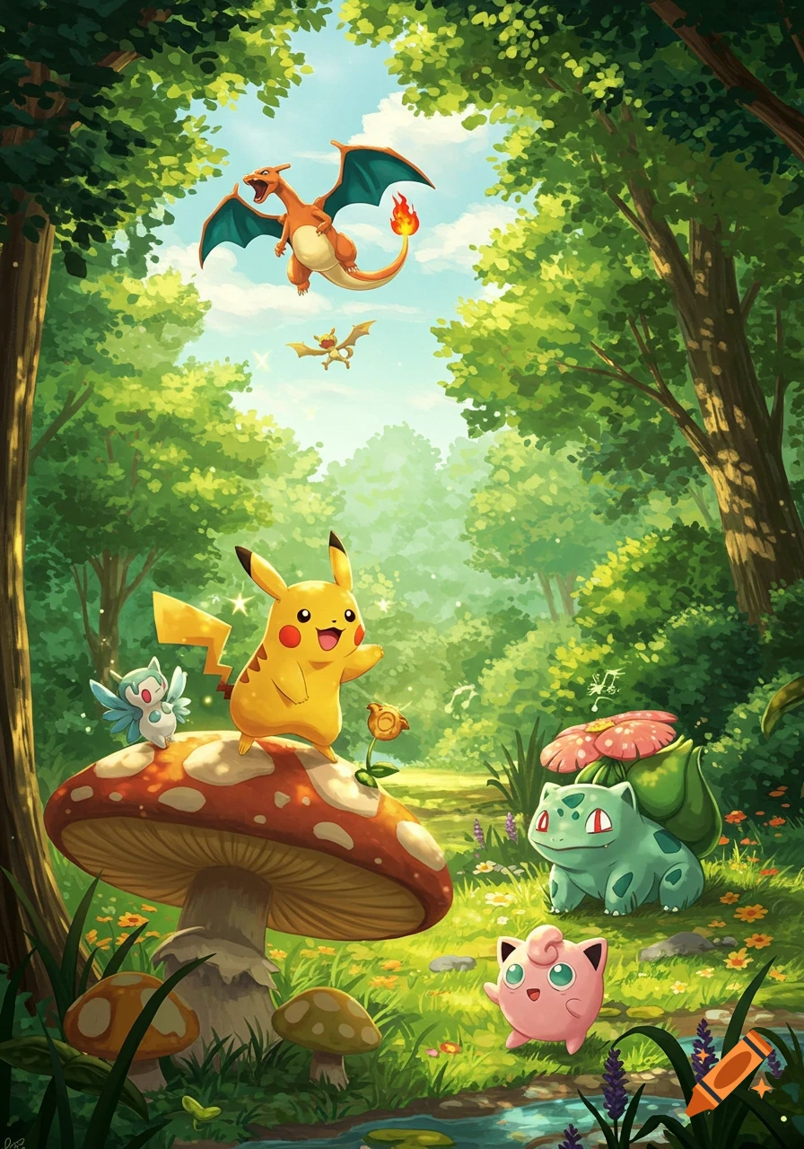 Pikachu, Bulbasaur, Jigglypuff, Charizard, and other Pokemon characters are in a lush, magical forest.