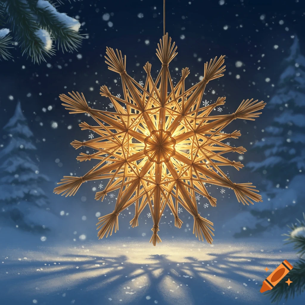 A glowing straw star hangs in a dark blue snowy winter night with snow-covered pine trees and light reflecting on the ground.