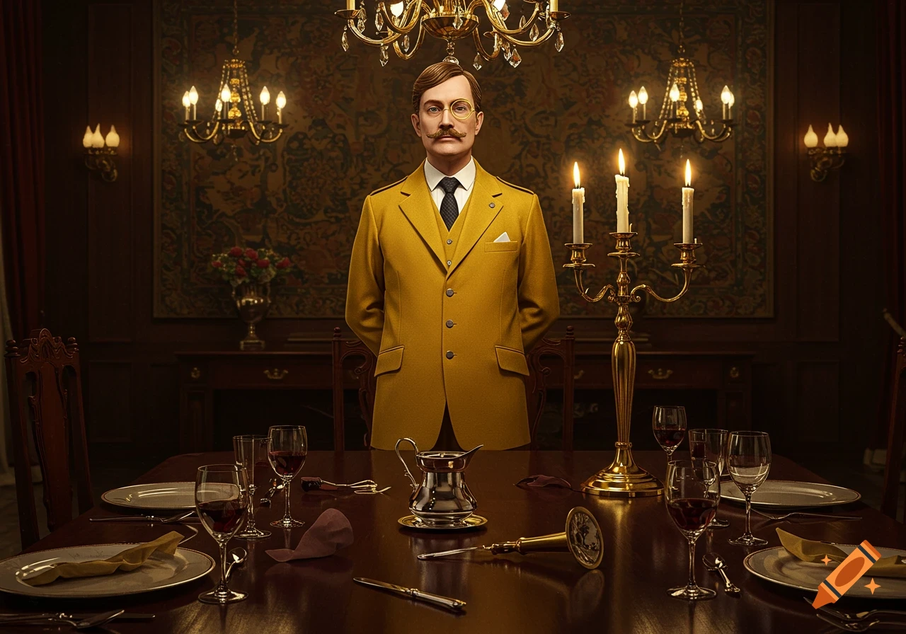 A man in a yellow suit with a mustache and monocle stands behind a grand dining table in an ornate, dimly lit room.