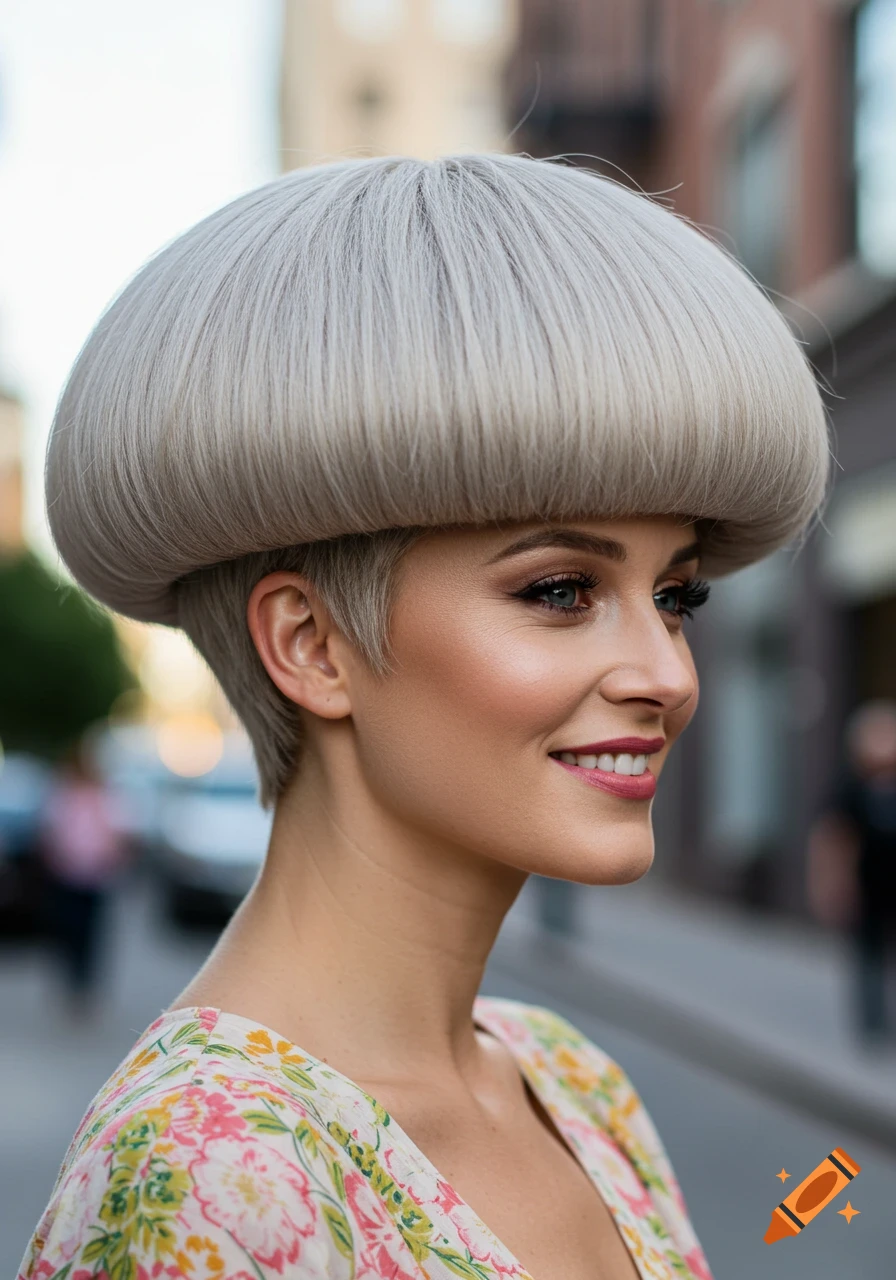 A smiling woman with a gray-blonde mushroom-shaped bowl cut and floral dress, in profile on a city street.