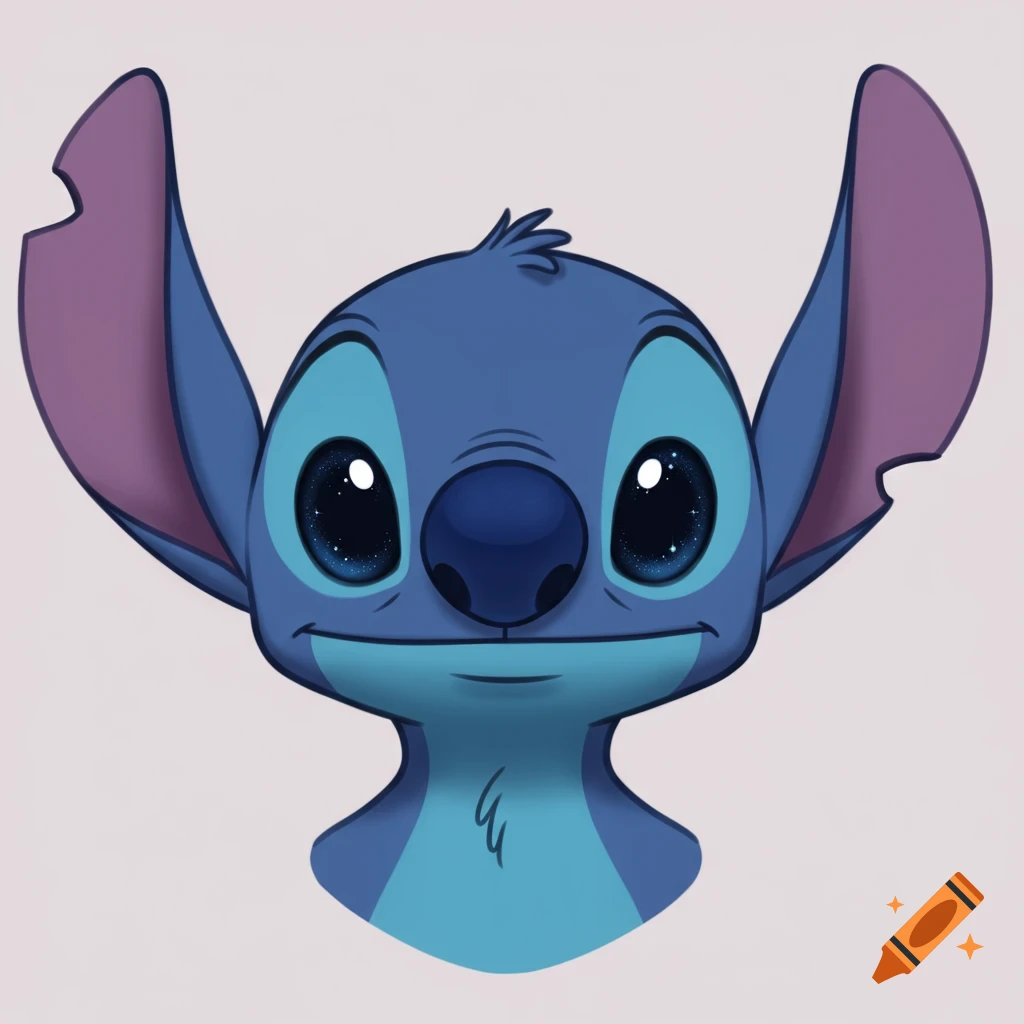 Headshot of Disney's Stitch, a blue alien cartoon character, with a mischievous expression and large detailed eyes.