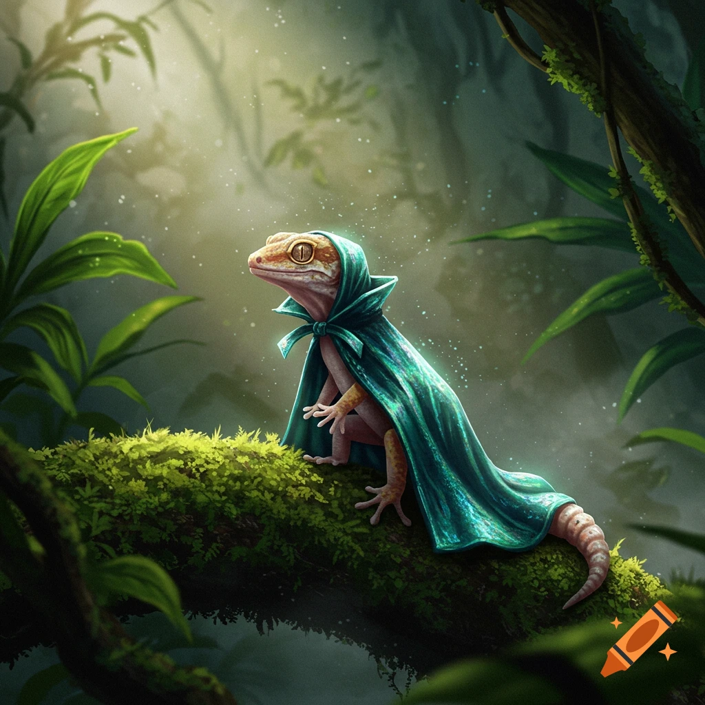 A whimsical gecko in a shimmering turquoise cloak sits on a mossy branch in a luminous jungle.